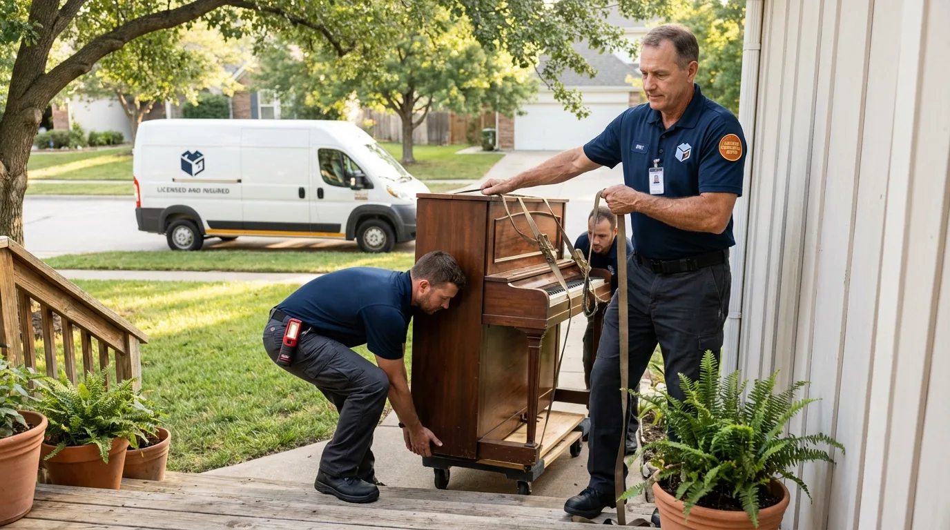 Licensed piano movers securing grand piano in Maize, KS