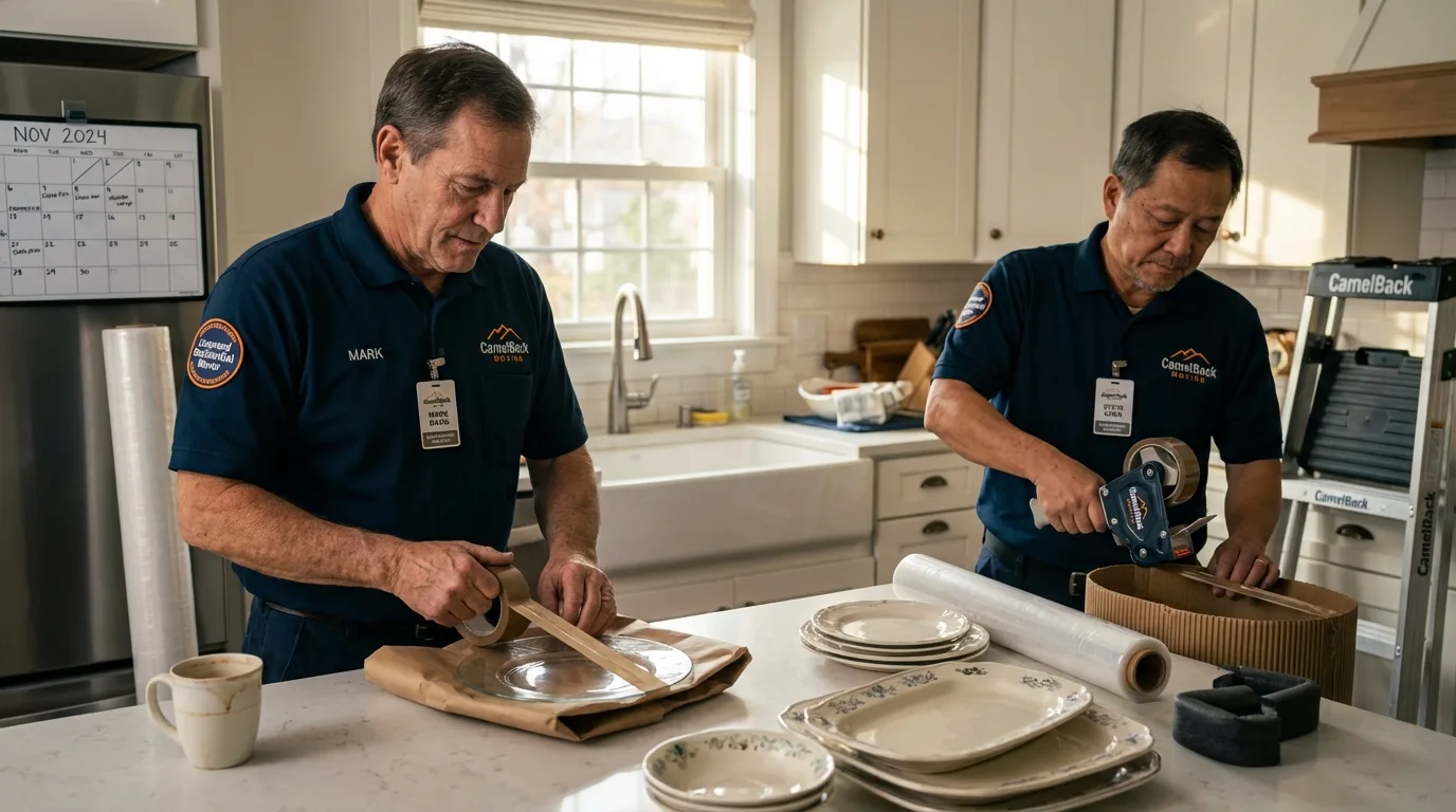 Professional crew packing kitchen dishware in Maize, KS